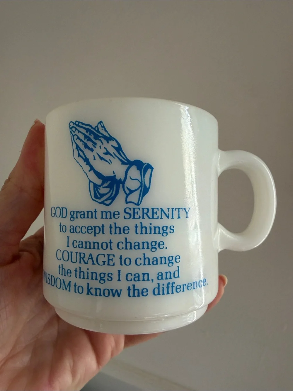 VINTAGE Serenity Prayer White Milk Glass Coffee Tea Mug Cup 6 oz AA